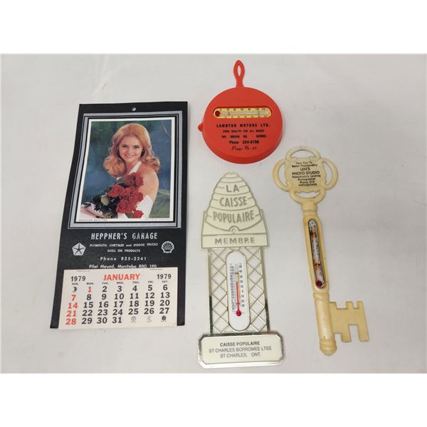 4pc Vintage Thermometers & Calendars Advertising