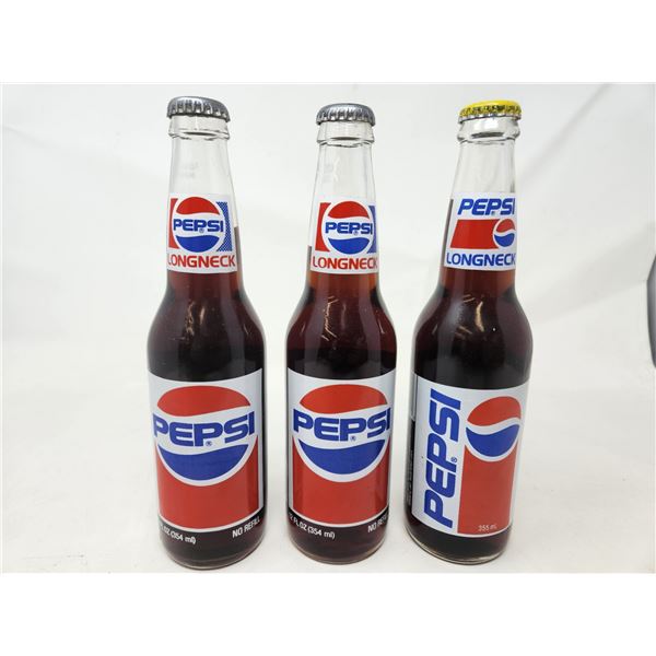 3 Vintage Long Neck Full Pepsi Bottles