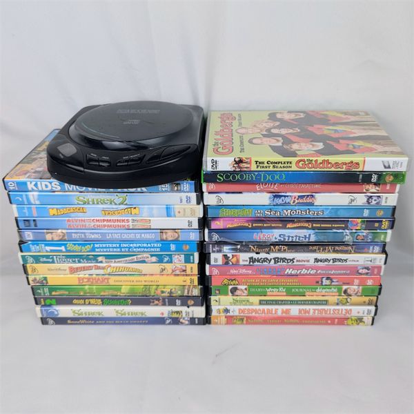 Lot of 28 Children's DVD Movies & KOSS Compact Disc Player 