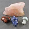 Image 1 : Lot of Raw Rose Quartz, Kiwi Jasper Mushroom, Sodalite Acorn & Mahogany Obsidian Heart