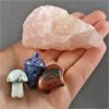 Image 2 : Lot of Raw Rose Quartz, Kiwi Jasper Mushroom, Sodalite Acorn & Mahogany Obsidian Heart