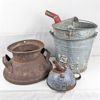 Image 1 : Lot of 2 Galvanized Pails, Milk Can Top & Funnel