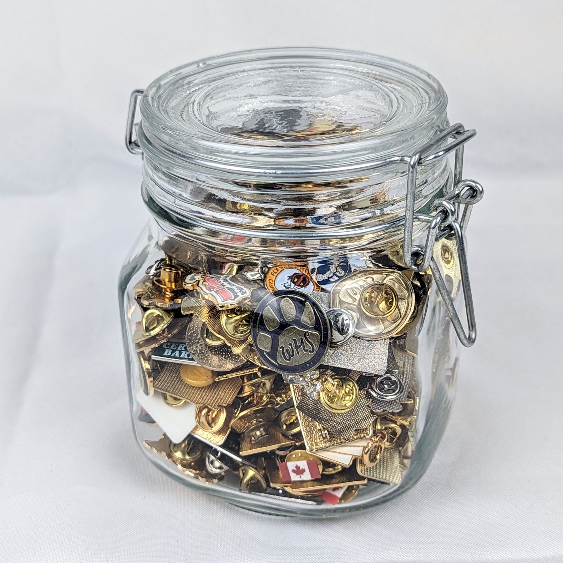 Enamel Pin Containers Large Lot of Various Enamel Pins in a Jar
