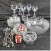 Image 1 : Large Lot of Glass Dishes, Wine Glasses, Ukrainian Salt & Pepper, Cutlery Set and Condiment Bowl