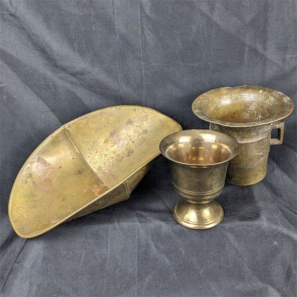 Brass Mortar, Scale Basket & Chalice 