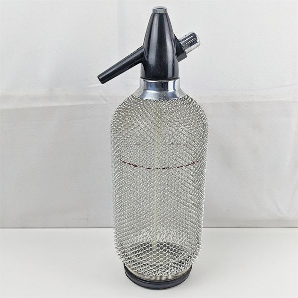 Vintage Soda Siphon Seltzer Bottle Canister with Metal Chain Mail