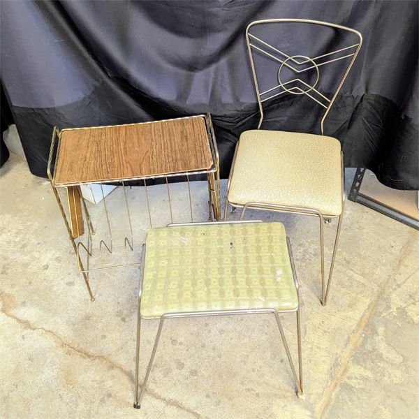 Vintage Accent Chair, Stool and Twist Wire Magazine Rack 