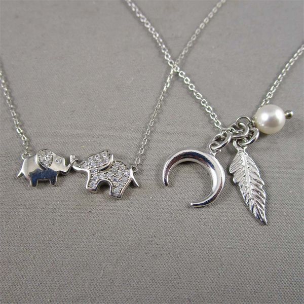 Set of 2 Sterling Silver Necklaces with Elephant, Feather & Moon Charms