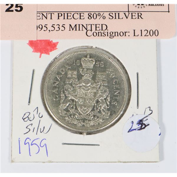 1959 50CENT PIECE 80% SILVER ONLY 3,095,535 MINTED