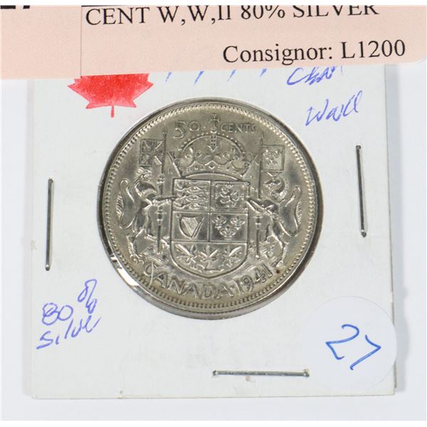 1941 50 CENT W,W,II 80% SILVER, MANY HAVE BEEN TURNED IN TO FINANCIAL INSTITUTIONS AND MELTED