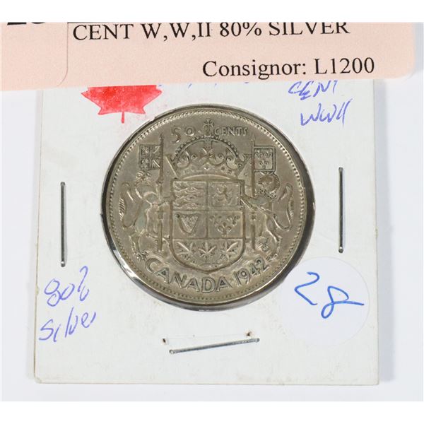 1942 50 CENT W,W,II 80% SILVER, MANY HAVE BEEN TURNED IN TO FINANCIAL INSTITUTIONS AND MELTED