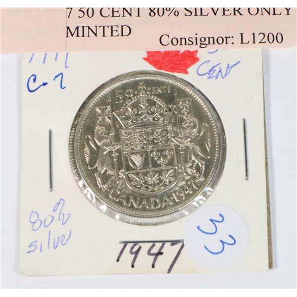 1947 C- 7 50 CENT 80% SILVER ONLY 424,887 MINTED