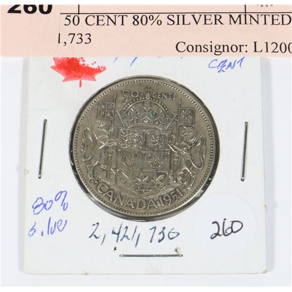 1951 50 CENT 80% SILVER MINTED 2,141,733