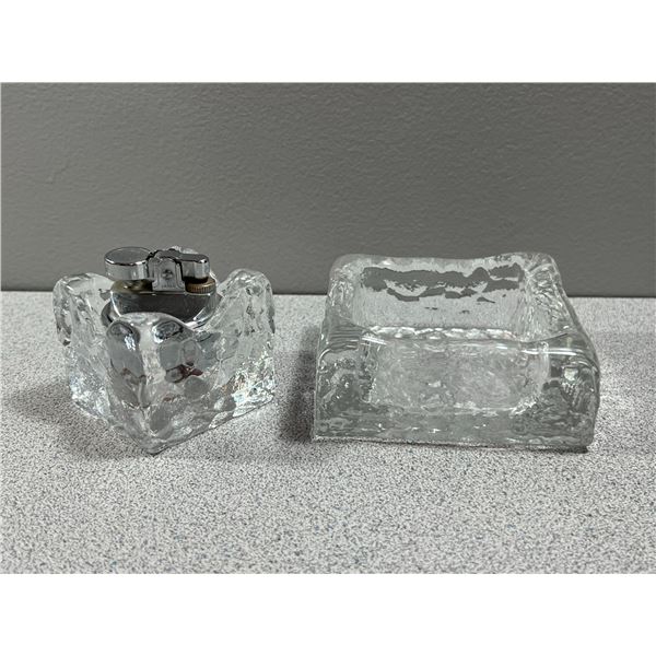Mid Century Thick Textured Glass Ashtray & Lighter Set