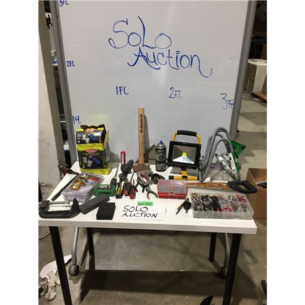 Clamp, door knob, Ryobi foam blaster, light, saw, bits, had tools