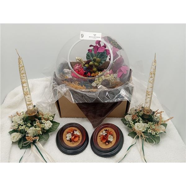 Floral Arrangement In Fish Bowl, 2 Gel Candles With Holder & Floral Art