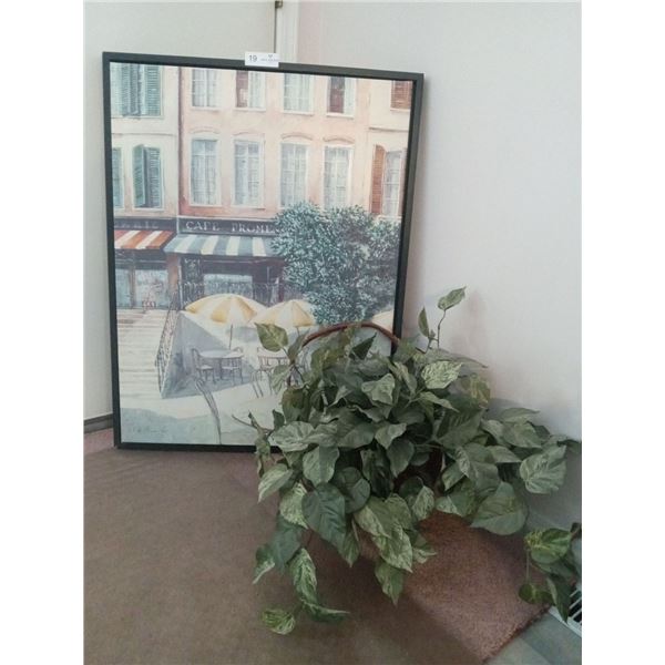 Cafe De La Promenade - Artist Fabrice De Villeneuve 56/95 25Wx34H & Silk Plant