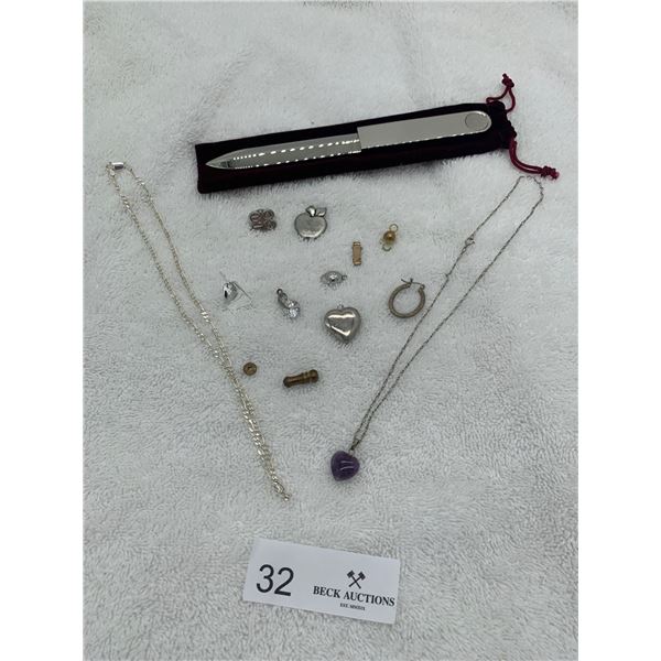 Letter Opener, Multiple Assortment Of Charms, 2 Silver Chains, & 2 Heart Pendents