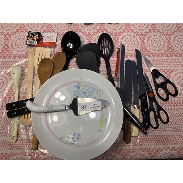 Cake Plate & A Variety Of Kitchen Utensils