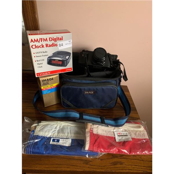 Canon T50 Programmed Automation Camera, Citizen Alarm Clock, & Canada/Alberta Flags