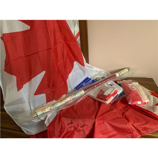 Assorted Banners, Flags, Pool Cue, & Kelloggs Collectible Alarm Clock