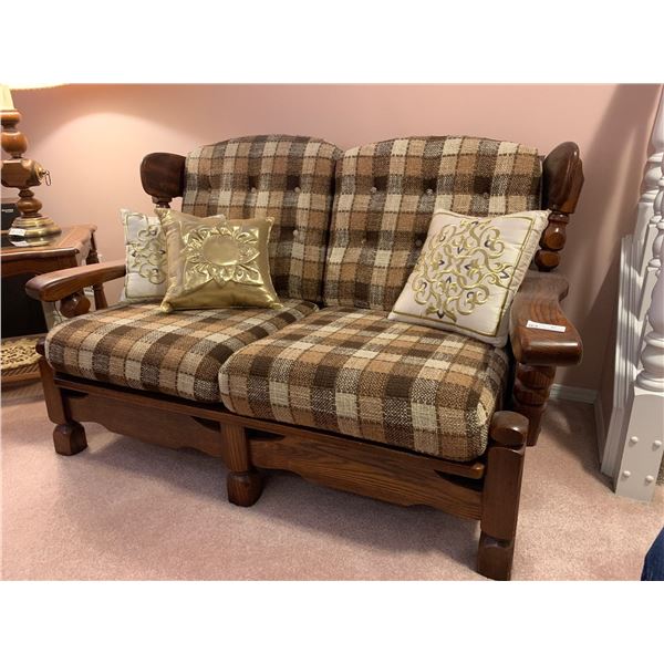 Mid Century Modern Checkered Love Seat - Oak Base & Pillows Included 55Wx33Dx31H