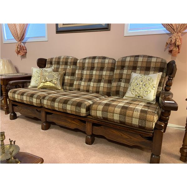 Mid Century Modern Checkered 3 Seater Couch - Oak Base & Pillows  77Wx33Dx33H