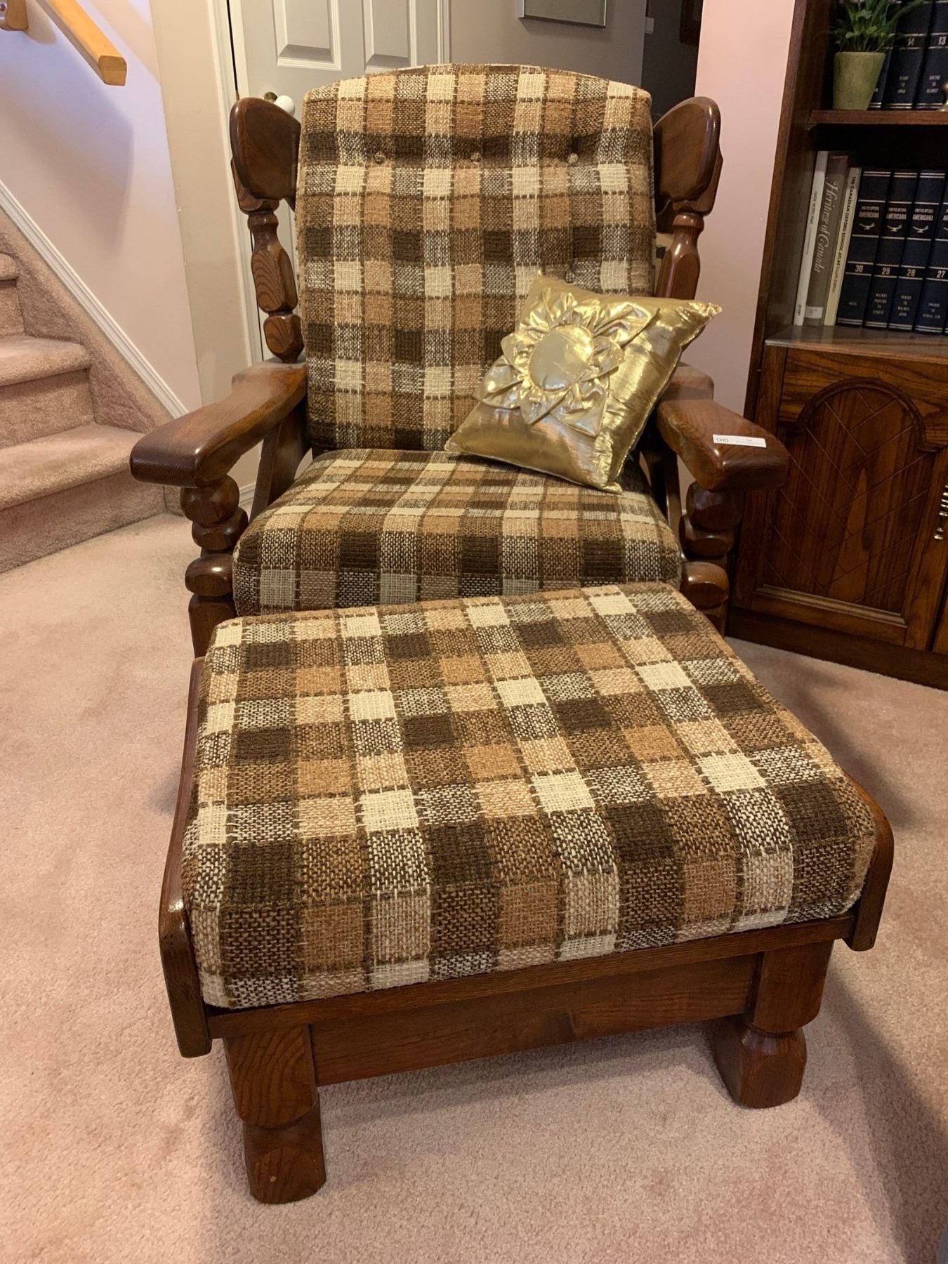 Mid Century Modern Checkered Rocking Chair With Ottoman - Oak Base ...