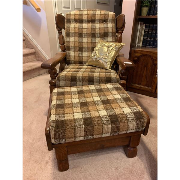 Mid Century Modern Checkered Rocking Chair With Ottoman - Oak Base & Pillows Included 34Wx38Dx35H