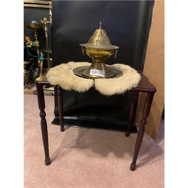Brass Decorative Bowl With Lid, Tray, Rabbit Fur Edging & Mini Table (19Wx11Dx17H)