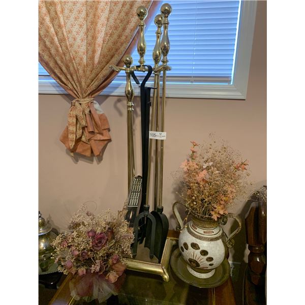 Brass Fireplace Accessories & Floral Arrangements With Vases
