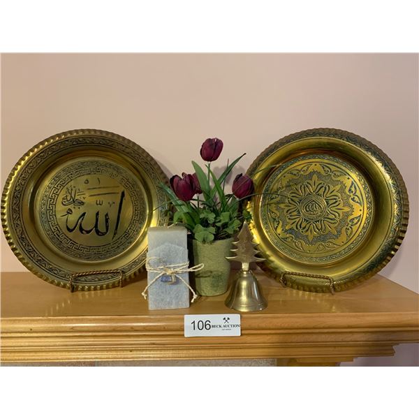 2 Decorative Traditional Brass Plates With Candle & Glass Bell