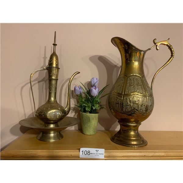 Genie In A Brass Bottle, Floral Arrangement, & Vintage Water Pitcher