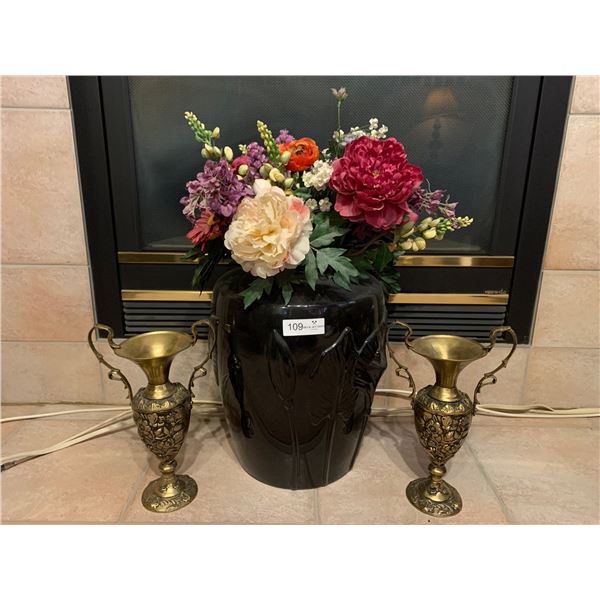 Large Decorative Floral Arrangement 25H & 2 Antique Brass Vases