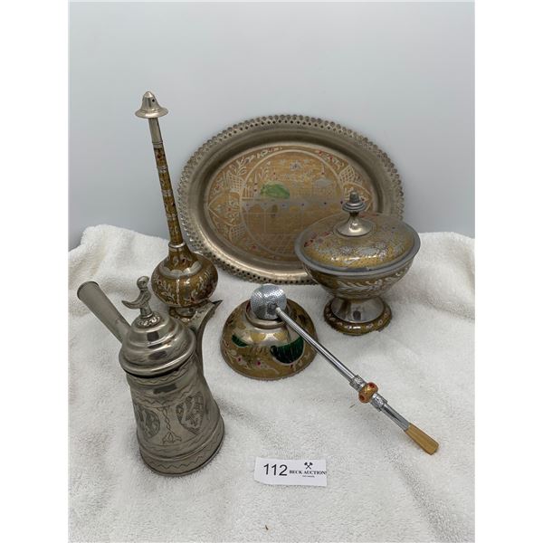 Matching Pewter Hand Painted Serving Tray, Incense Holder & More