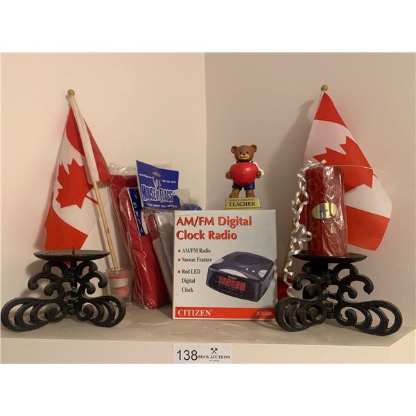Candle Holders, Canadian Flags, AM/FM Alarm Clock Radio & More