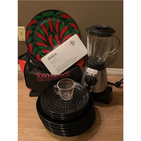 Presidents Choice Blender & Brand New Sunbeam Classic Iron With Stack of Serving Plates and More