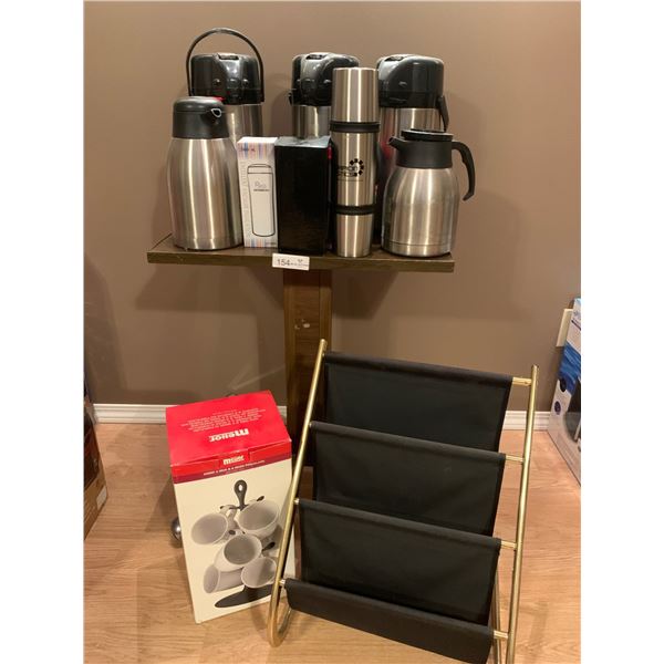 Office Coffee Cart Set Up With Magazine Rack, Cup Tree & Wall Hangings For Any Office