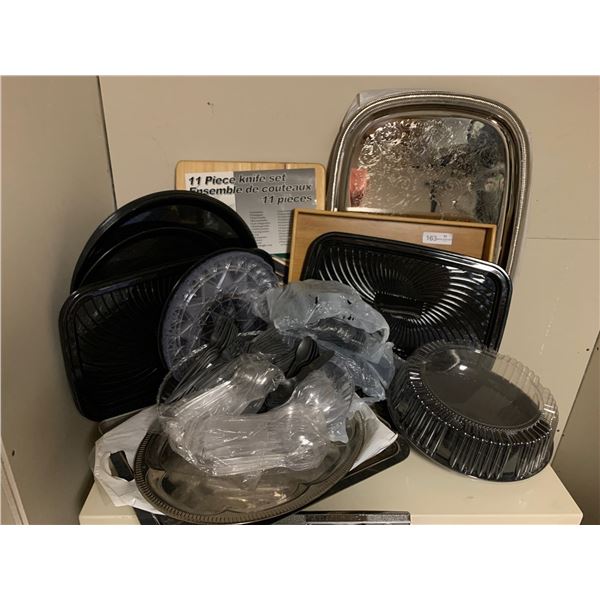 Assorted Disposable Cutlery, Utensils, Party Platters & Brand New Cutting Board