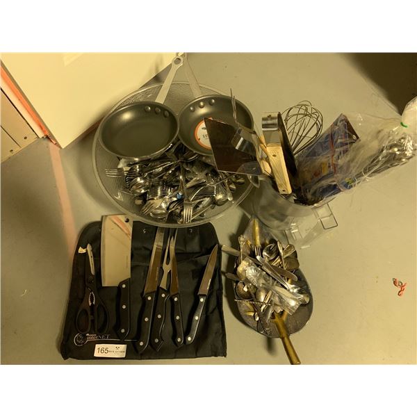 Large Assortment Of Silverware, Knives, Brand New Frying Pan, & More