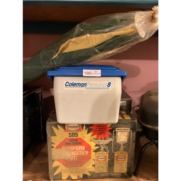 Coleman Cooler, Igloo Cooler, Propane Burner & Lantern & Umbrella