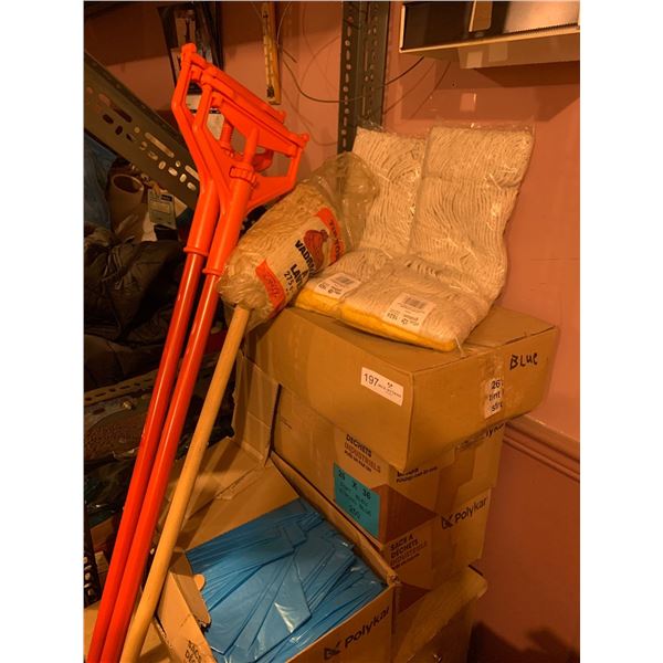 Industrial Sized Mops & 4 Boxes Of Blue Garbage Bags (250 per box)