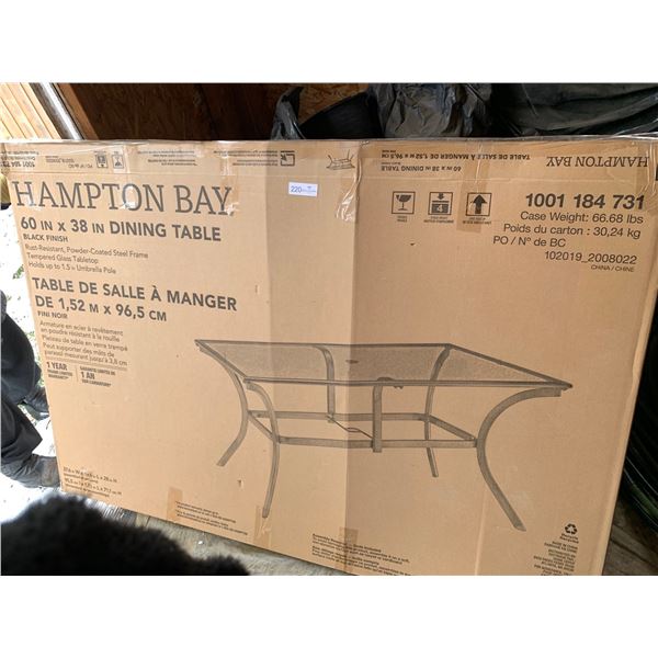 Hampton Bay 60 by 38 Outdoor Dinner Table With 6 Chairs, Cushions & Umbrella - Black Finish