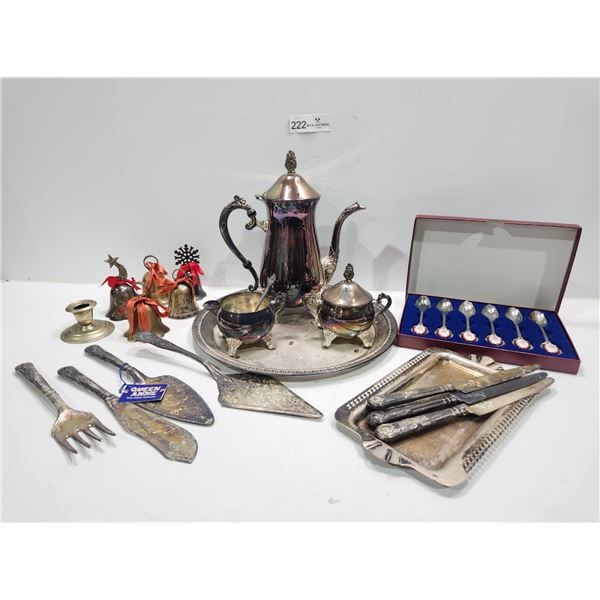 Assorted Silver Plated Serveware, Utensils, Bells