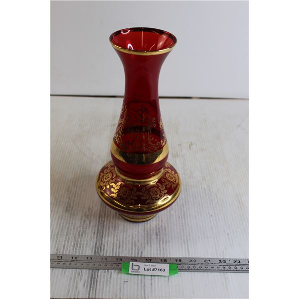 Ruby Red Vase with Enamel Floral Decoration