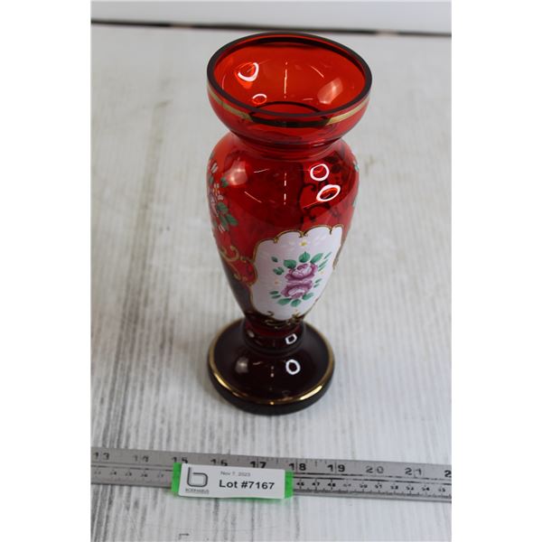 Ruby Red Vase with Enamel Floral Decoration