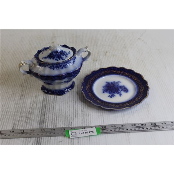 Flow Blue Sugar Holder - Chipped on Top, and Plate - Has Chips