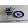 Image 1 : Flow Blue Sugar Holder - Chipped on Top, and Plate - Has Chips
