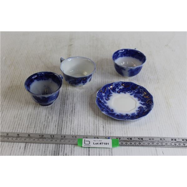 (3) Mismatched Flowing Blue Teacups, Saucer