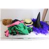 Image 1 : Clown Suit (Stained, Size Adult M), Feathered Witch Hat, Short Hair Wig, Misc. Costume Wear